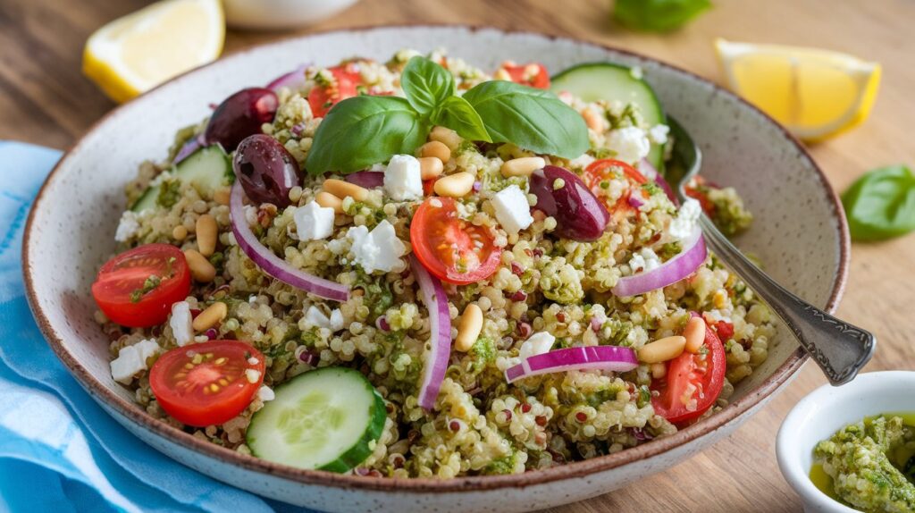 Mediterranean Inspired Pesto Quinoa Salad