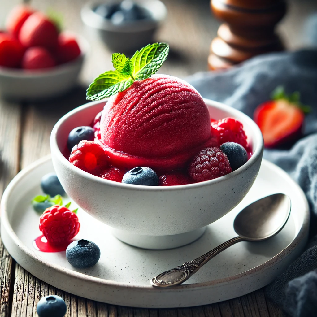 fruit sorbet served in a simple white bowl