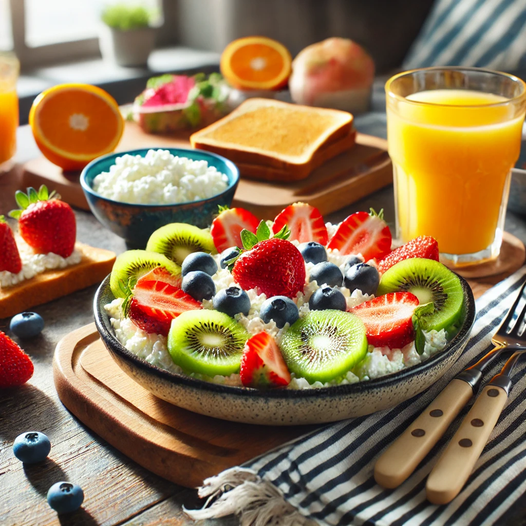 cottage cheese, toast, and fresh fruits