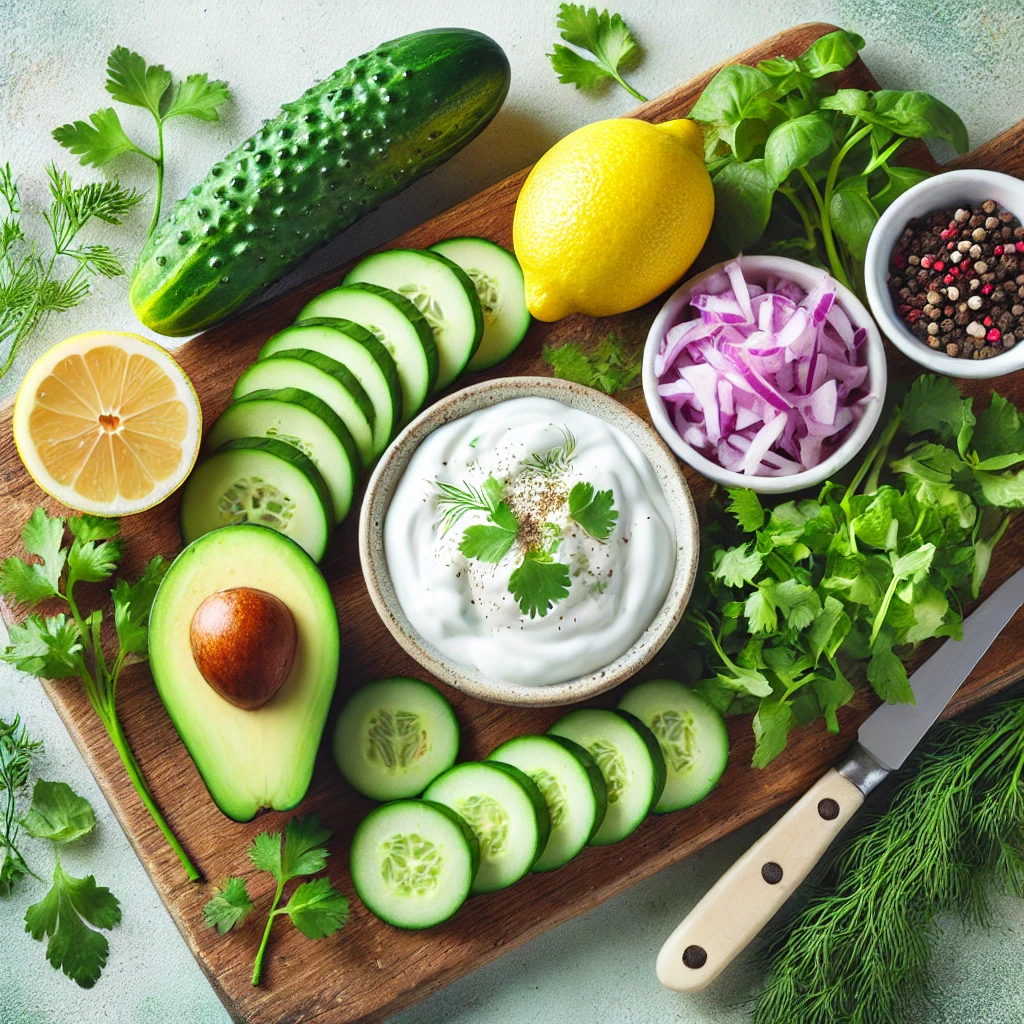 Ingredients for Creamy Cucumber and Avocado Salad